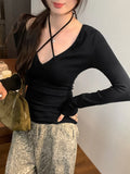 KYLETHOMASW  -  Y2k Sexy Slim Solid V Neck Long Sleeve Lace-up All Match Women's T-shirts