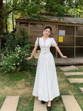 KYLETHOMASW  -  Summer French Style Dress for Women V Neck Short Sleeve Lace Trim Slim Fit Waist A Line Long Dress Elegant Flattering Design