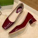KYLETHOMASW  -  Solid Japanned Leather Pumps Woman Block High Heels Shoes OL Ladies Dress Work Escarpins Femmes Designer Luxury Tacones Mujer