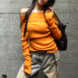 Kylethomasw Vintage Backless Pleated Orange Casual Long Sleeve Women Autumn New Streetwear Sexy Slim All Match Knitted Tops