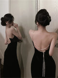 KYLETHOMASW  -  Sexy Backless Black Diamond Straps Dress Women French Hepburn High Split Velvet Dress Sleeveless Hollow Out Evening Party Dress