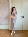 KYLETHOMASW  -  Autumn Winter French Casual Long Sleeve Women Solid Split Package Hip Dress Elegant chic Slim V-neck Ladies Skinny Bodycon Dress