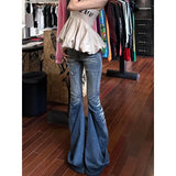 KYLETHOMASW  -  American Vibe Y2k Low Waist Slim Washed Jeans Women Distressed Flare Wide Leg Long Jeans Retro Casual Cool Style Daily Outing