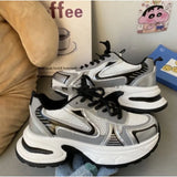 KYLETHOMASW  -  White Cream Chunky Dad Sneakers Women Navy Blue Accent Mesh Platform Walking Shoes Casual Comfy Daily Y2K Korean Sporty Style