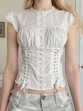 KYLETHOMASW  -  Casual Sweet White Slim Lace T-Shirts Designer Patchwork Hot Girl O-neck Sleeveless Tees Women Vintage Kawaii Fashion Shirt