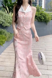 KYLETHOMASW  -  Summer Pink Tweed Two Piece Set for Women High End Elegant Style Sleeveless Top and Slim Fit Midi Skirt Flattering Outfit