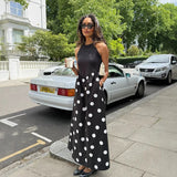 KYLETHOMASW  -  Summer Polka Dot Dress Women's Sleeveless Wrap V-Neck Dress Elegant Contrast Panel A-Line Midi Vintage Sundress Clothes New