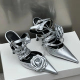KYLETHOMASW  -  Spring New Silver Dark Goth Y2k Rose Cross Strap Sandals Ladies French Pointed High Heels Stiletto Sandals for Women