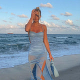 KYLETHOMASW  -  European Women Spaghetti Strap Mesh Maxi Dress Backless Cutout Split Slim Bodycon Beach Dress