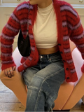 KYLETHOMASW  -  Striped Fuzzy Mohair V-Neck Knit Cardigan Oversize Button Front 2025 Autumn New Chic Casual Women Coat Fashion Cozy Lady Sweater