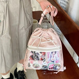 KYLETHOMASW  -  Portable Transparent Pocket Drawstring Backpack PU Lightweight Itabag Handheld Bag Large Capacity Shoulder Bag Casual
