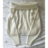 KYLETHOMASW  -  Women White Off Shoulder Knit Sweater Long Sleeve Ribbed Crop Top Y2K Solid Color Loose Pullover Fall Winter Casual Knitwear