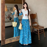 KYLETHOMASW  -  Blue Floral Oil Painting Lace-up Skirt Women's Summer New Thin Slim V-neck Short-sleeved T-shirt Two-piece Set