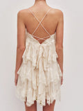 KYLETHOMASW  -  Women's Chic White Lace Trim Slip Mini Dress Off Shoulder Backless Vestido Casual Boho Ruffle Spaghetti Strap Summer Beach Dress