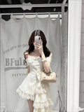 KYLETHOMASW  -  France Elegant Warm Sweet Elegant Slim Off Shoulder Women's Dresses Summer Designer Thin Bow Lace Princess Trailing Dress New