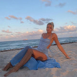 KYLETHOMASW  -  European Women Spaghetti Strap Mesh Maxi Dress Backless Cutout Split Slim Bodycon Beach Dress