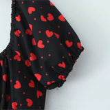 KYLETHOMASW  -  French Retro Black Print Bow Square Collar Short Elastic Puff Dress Women Zipper Back Slim Waist Slit Hem Mini Dresses Robe Blue