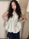 KYLETHOMASW  -  New Chinese Style Vintage Jacquard Stand up Collar Flower Bud Tank Top Women Clothing Summer Striped Slim Sleeveless Women Tops