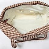 KYLETHOMASW  -  Women Cute Plaid Canvas Tote Bag Star Patch Shoulder Handbag Large Capacity Casual Student Shopping Bag Side Drawstring Design