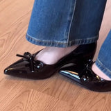 KYLETHOMASW  -  Elegant Soft Inner Heightening Single Shoes Leather Butterfly Knot Pointed Toe Low Heel Summer Spring Autumn Women's Flats