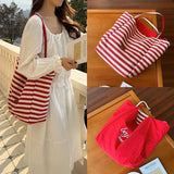 KYLETHOMASW  -  Retro Red Striped Canvas Bag For Women New Trendy Large Capacity Tote Bag Purse Ladies Vintage Shopping Handbag New