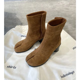 KYLETHOMASW  -  Split Toe Tabi Boots Genuine Leather Chunky Heels Ankle Boots for Women Winter Short Booties Tabi Ninja Chelsea Botas Mujer