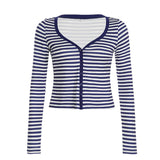 KYLETHOMASW  -  European and American women's basic contrasting striped V-neck slimming button up cardigan simple and versatile commuting  top