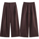 KYLETHOMASW  -  Summer French Coffee Color Pleated Wide-leg Pants Minimalist Embroidery Retro Casual Pants Women Elegant Trousers