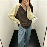 KYLETHOMASW  -  Korean Autumn Versatile Loose Pullover Top Niche Fashion Contrasting Long Sleeved Knitted Top Casual Button Decoration Loose Top