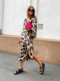 KYLETHOMASW  -  Spring Summer New Long V-neck Loose Lantern Sleeve Leopard Print Straight Cut Dress Women's Midi Dress Comfortable Breathable