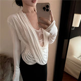 Kylethomasw Korean Lace Splicing See-through White Long-sleeved T-shirt Women Spring New Streetwear Pleated Sexy Slim All Match Tops
