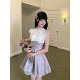 KYLETHOMASW  -  Womens Sweet Plaid Lace Trim Dress With Ruffle Collar And Waist Cinched Design