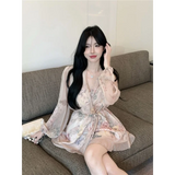 KYLETHOMASW  -  Beautiful Long-sleeved Floral Chiffon V-neck Shirt Dress for Women to Slim Down the Waist