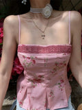 Kylethomasw Y2k Pink Floral Print Crop Top Women Lace Patchwork Slim Fit Backless Camis Summer Edgy Clothes for Sexy Girl Streetwear