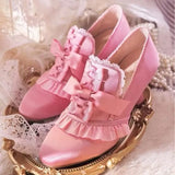 KYLETHOMASW  -  Women Sweet Lolita Vintage Satin Heels Scalloped Lace Ruffle Bow Front Lace Up Design Victorian Curved Heel Bridal Costume Pumps