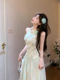 KYLETHOMASW  -  French Sweet Green Sleeveless Dress Women Summer Asymmetrical Lace Halter Neck Floral Maxi Dress Romantic Y2K Chic Fashionable