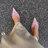 Kylethomasw Suede Bow Cutout Pointed Toe Slippers Stiletto High Heels Metal Decorative Women Sandals Elegant Shallow Mules Women Shoes