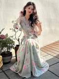 KYLETHOMASW  -  Women Clothes Chiffon Floral Print Outfits Elegant V-Neck Cropped Tops Shirt Blouse And A-Line Long Skirt Mujer 2 Pieces Set New