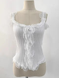 KYLETHOMASW  -  Korean Lace Patchwork Knitted Vest Women Summer New Style Niche Age Reducing Outerwear Short Ice Silk Camisole Top