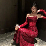 KYLETHOMASW  -  French Luxury Sequin Wine Red Lace Strap Camisole Fishtail Long Dress Banquet Christmas Party Evening Dress for Women