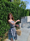 KYLETHOMASW  -  Korean Blue Plaid Camisole Dress Women's Summer Original Design Slim Paneled Irregular Dress Casual High-street Fashion Clothes