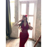 KYLETHOMASW  -  Pure Desire War Robe Advanced Sense Red V-neck Neck Dress Female Royal Sister Style Sexy Hot Girl Hip Skirt