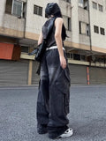 Kylethomasw Black Ripped Cargo Jeans Women Hip Hop Harajuku Causal Loose Do Old Straight Wide Leg Denim Pants Y2k Chic Mujer Trouser