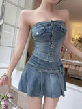 KYLETHOMASW  -  Vintage Denim Slim 2 Piece Set Summer Women Y2K Sexy Strapless Short Crop Tops And Pleated Mini Skirt Streetwear Outfit Casual
