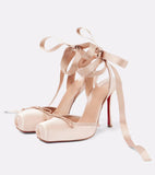 KYLETHOMASW  -  Women's New Summer Square Satin High Heel Sandals with Ankle Strap, Fashionable Party and Banquet Ballet High Heels