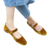 KYLETHOMASW  -  Designer Women Velvet Mary Janes Belt Strap Shoes Ladies Square Toe Flats Ballerina Dress Barefoot Loafers Brides Ballets Femmes