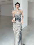 Kylethomasw Tie Dye Luxury Designer Long Halter Dresses For Women 2024 Summer Backless Ruched A-Line Maxi Dress Fashion Clothing