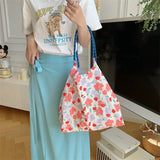 KIylethomasw Korean Style Summer Large Capacity Hand Shoulder Bag Drawstring Shopping Bag Floral Tote Bag Underarm Bag