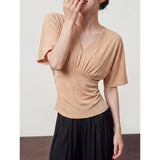 KYLETHOMASW  -  Casual Cross V-neck Batwing Sleeve Slim Fit Knitted Top Summer Polyester Fiber Pure Color Regular Sleeve Length
