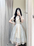 KYLETHOMASW  -  Summer Sweet Lolita Midi Dress Women Lace Trim Puff Sleeve Ruffle High Waist Princess Tiered Skirt Kawaii Japanese Fashion Party